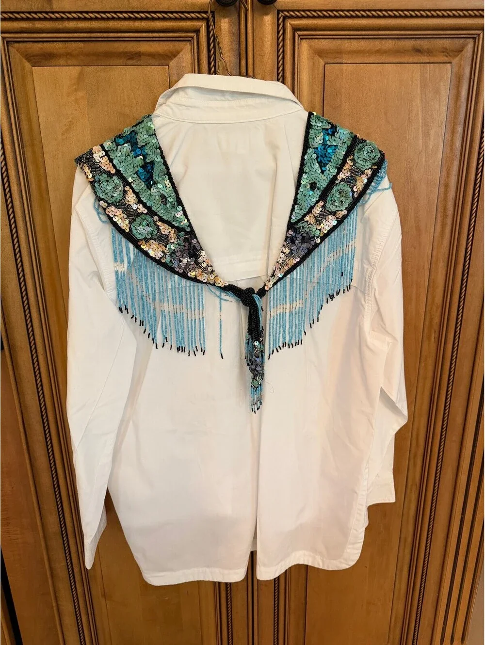 Vintage Silk Beaded & Sequin Fringe Collar Capelet Shawl Scarf Turquoise Deco
